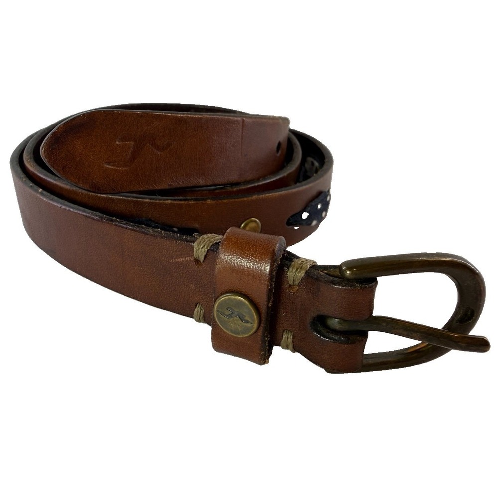 Hollister Brown Leather Belt Polka Dot Fabric Woven Inlay Brass Rivets Size L